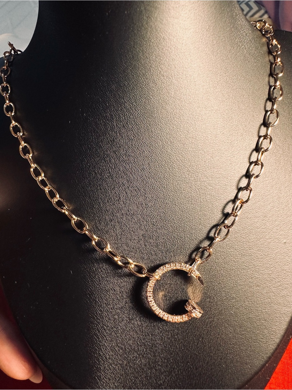 Rose Gold Chain Necklace with Pavé Nail Circle Pendant- inspired 10” chain